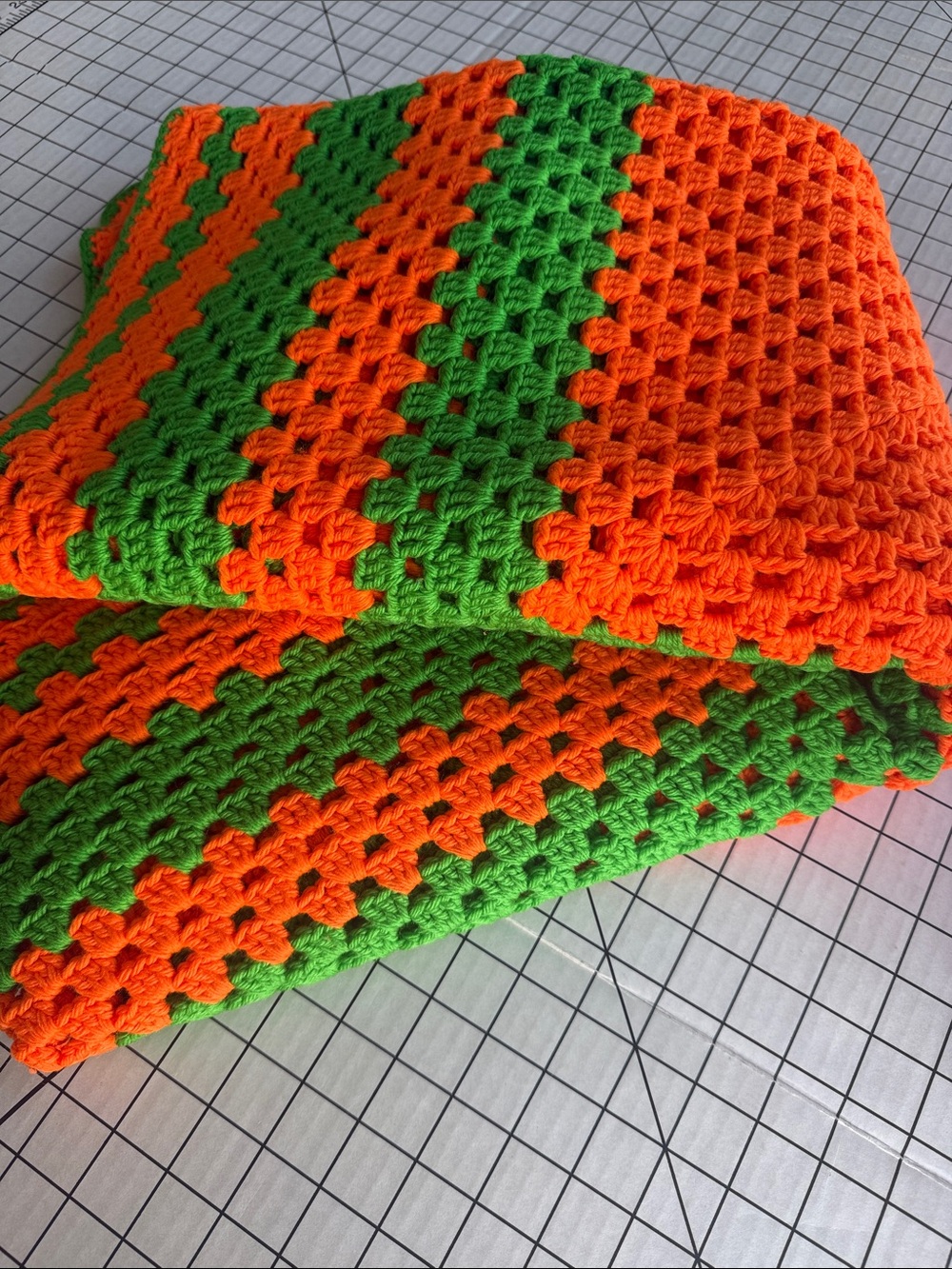 Handmade Crochet Afghan Blanket Orange Green Granny Stitch Throw 66x40 Retro